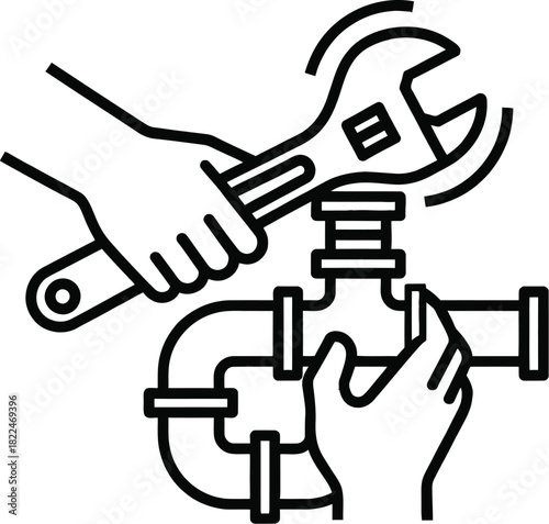 Plumber screwing plumbing fittings with a wrench icon