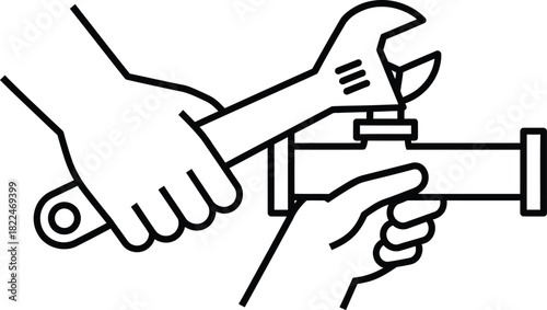 Plumber screwing plumbing fittings with a wrench icon