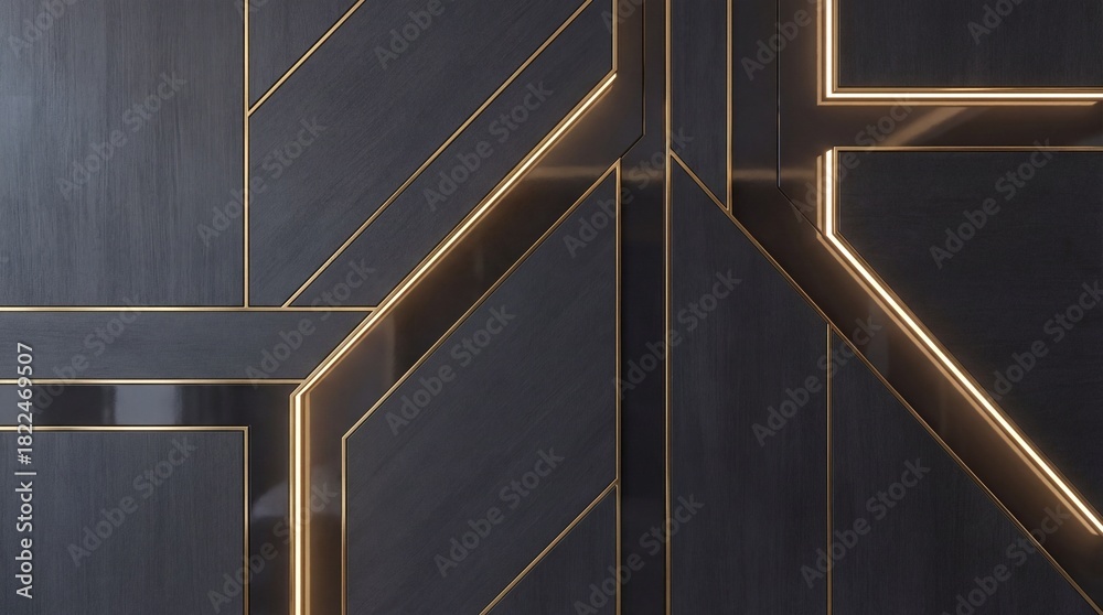 Naklejka premium Opulent Dark Grey Geometric Panels with Glowing Golden Lines Creating a Modern Art Deco Abstract Background or Luxury Interior Design Element.