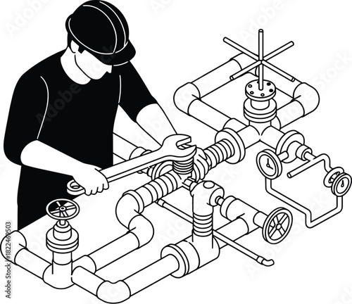Mechanic joining pipes in isometric vector style