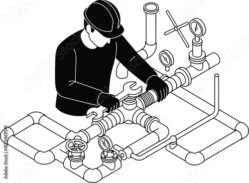 Mechanic joining pipes in isometric vector style