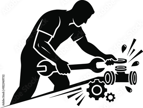Plumber silhouette connecting pipe fittings with a wrench