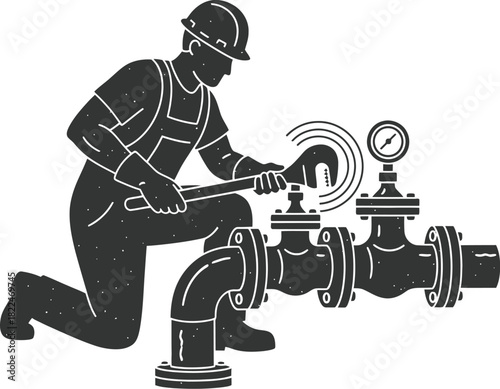 Plumber silhouette connecting pipe fittings with a wrench