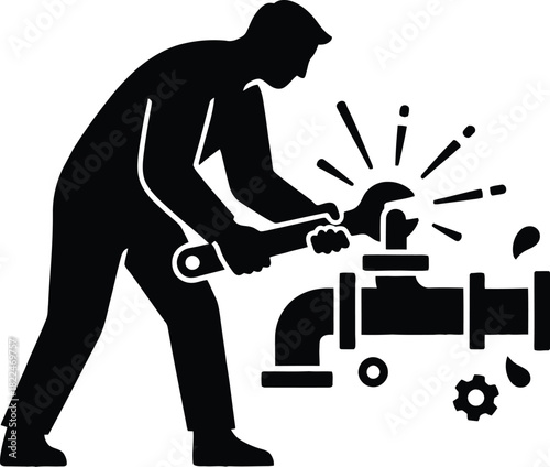 Plumber silhouette connecting pipe fittings with a wrench