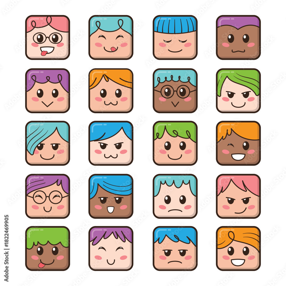 Obraz premium Funny Square Faces Cartoon Illustration Collection
