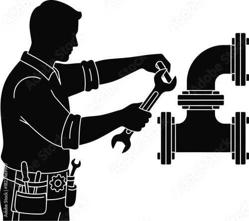 Mechanic silhouette joining pipes with a wrench, careful alignment