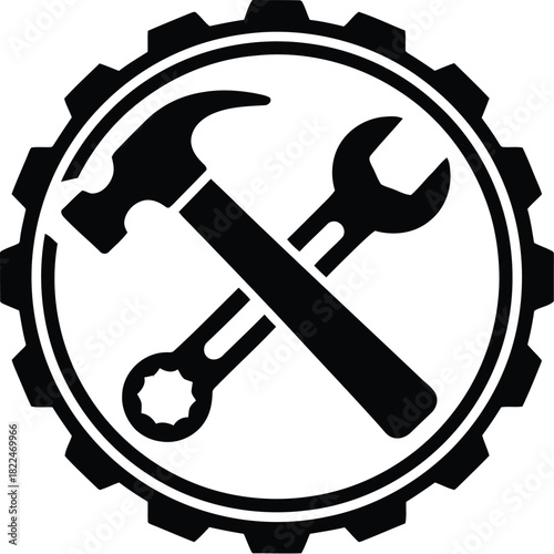 Handyman tools, crossed hammer and wrench silhouette icon