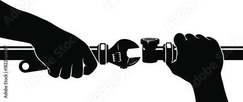 Mechanic silhouette joining pipes with a wrench, careful alignment