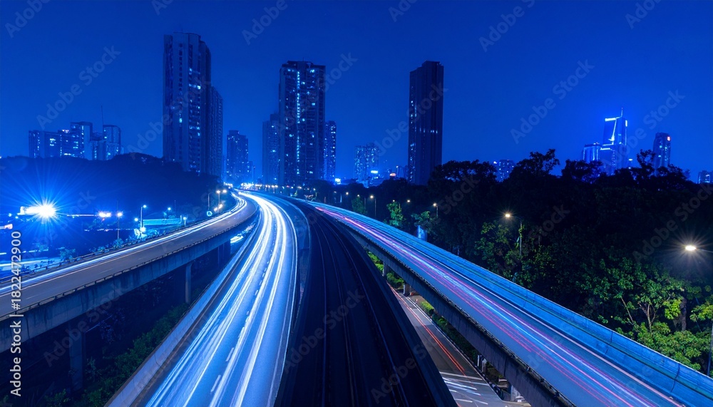 Fototapeta premium Aerial Blurry City Highway at Night with Light Trails in Winter