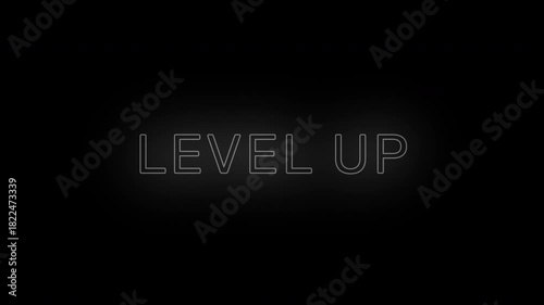 4K Level Up text animation with smooth rendering and dynamic background motion, creating a powerful gaming-style upgrade visual effect.