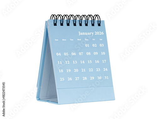Desktop calendar for january 2026 in blue colour. Mini planner for business and finance, spiral view on isolated white background close up.