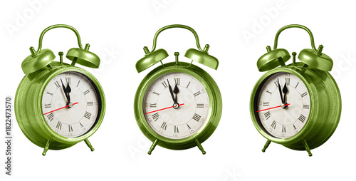 set collection retro clock, watch, pointer clock, Green color alarm clock on isolated white background close up