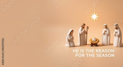 Minimalist nativity scene with Jesus, Mary and Joseph under Star of Bethlehem. Christian Christmas decoration representing birth of Christ. Religious holiday background with copy space