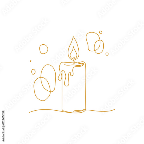 Gold line art Christmas candle vector icon; Minimalist festive holiday celebration design; Elegant greeting symbol element illustration.