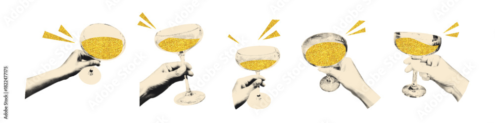 Obraz premium Halftone collage hands holding coupe champagne glasses with sparkling golden wine. Cheers, celebratory toast, cocktail party stickers. Modern retro vector illustration on transparent background