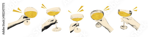 Halftone collage hands holding coupe champagne glasses with sparkling golden wine. Cheers, celebratory toast, cocktail party stickers. Modern retro vector illustration on transparent background