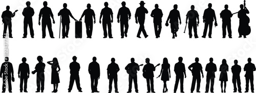 A large, diverse collection of full-body silhouettes representing men and women in various professions, carrying instruments and luggage; black vector group 