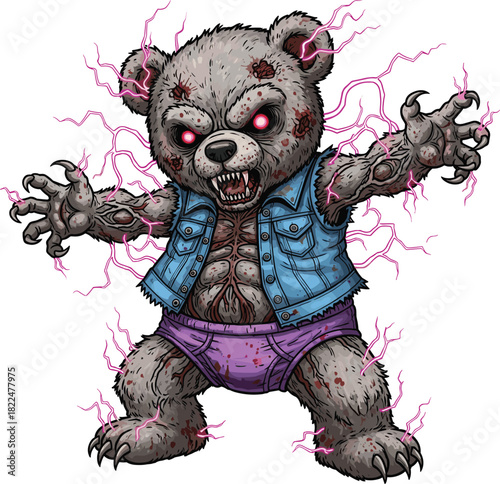Angry, scary teddy bear monster vector illustration with glowing red eyes, exposed flesh, sharp claws, and magenta electricity, perfect for horror, comic, spooky, or twisted character design.