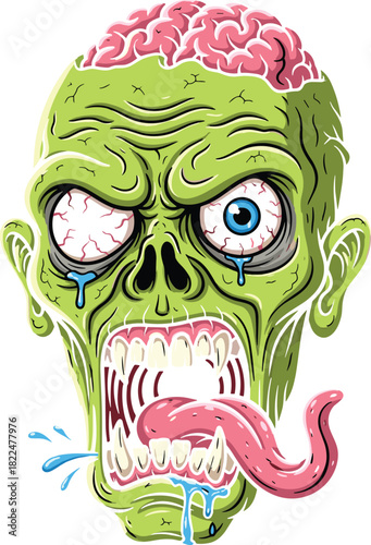 Angry, scary zombie face vector illustration with exposed brain, drooling saliva, wide open mouth, bloodshot eyes, and long tongue, perfect for Halloween, horror, or undead themed design.