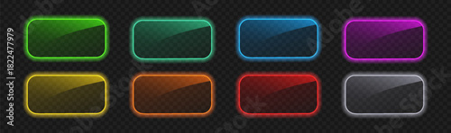 Neon rectangle button set with glow. Border set with light effect. Led banners vector templates different colors