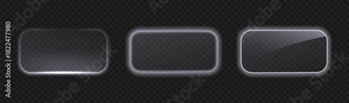 Liquid glass glowing rectangle frame. 3D button, light box set. UI vector template game design