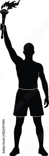 Athlete Silhouette Holding Flaming Torch Aloft, Symbolizing Victory, Olympics, Freedom, Hope, Competition, Energy, Vector Illustration, Black and White.