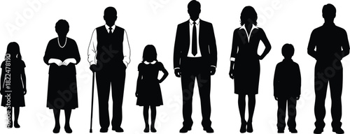 Big family silhouette vector showing grandparents, parents, and children standing together in a row on a white background