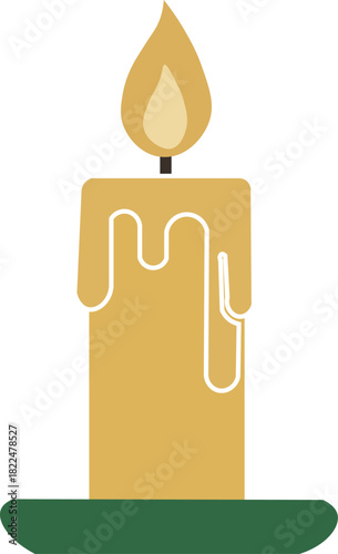 Burning wax candle with dripping melt on green holder