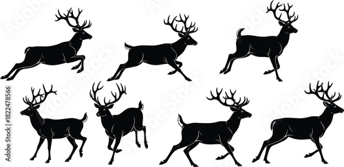 Black silhouette collection of running deer stag with antlers isolated on white background vector illustration wildlife animal set.