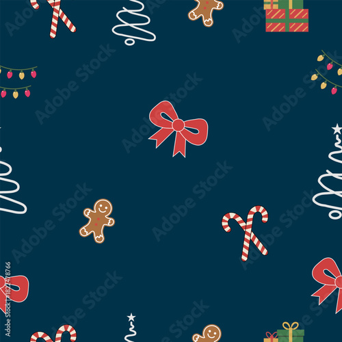 Dark blue Christmas seamless pattern with gingerbread man, christmas tree and candy cane