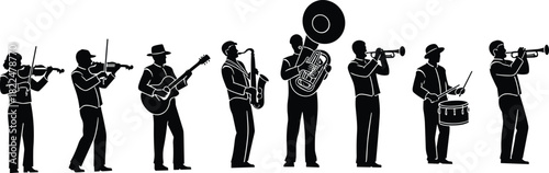 Black silhouette line-up of eight musicians playing various instruments including violin, guitar, saxophone, tuba, trumpet, and drums, vector graphic 