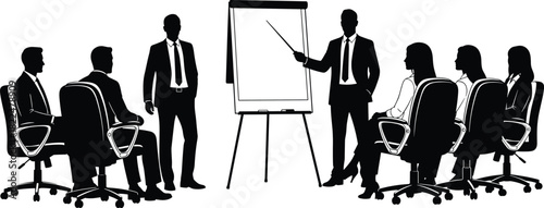 Black silhouette of a corporate team having a presentation or business meeting in the office, speaker pointing at a blank whiteboard flip chart, vector illustration 