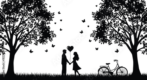 Black silhouette of loving couple holding heart balloon under trees with bicycle and butterflies, vector illustration, romantic scene