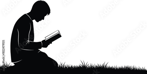 Black silhouette of man kneeling on grass and reading book, isolated on white background, vector illustration, education concept