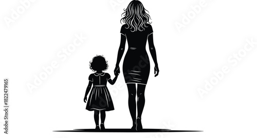 Black silhouette of mother walking with daughter, holding hands, isolated on white background, vector illustration, family love concept