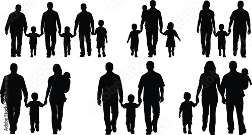 Black Silhouette Vector Set of Diverse Families Walking with Young Children Parents Holding Hands and Carrying Babies Representing Parenthood Family Life Love Care and Togetherness Isolated