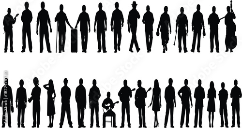 Black Silhouette Vector Set of Diverse Adult People Standing Walking and Playing Instruments including Guitar Bass Clarinet and Drum with Luggage and Cane for Design Projects and Architecture