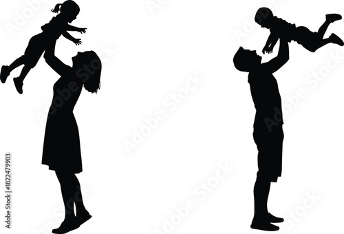 Black Silhouette Vector Set of Parents Playing with Children Mother Lifting Daughter and Father Lifting Son Representing Joy Family Fun Bonding Love and Parenthood Isolated on White