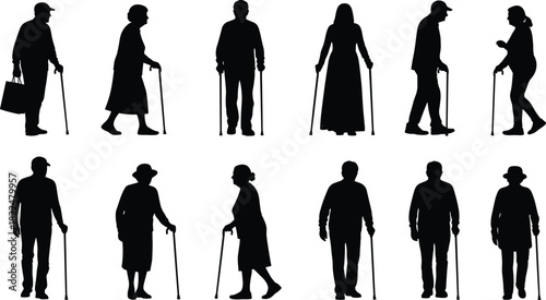 Black Silhouette Vector Set of Twelve Diverse Elderly Men and Women Walking Standing and Using Canes or Sticks Representing Seniority Aging Retirement Mobility and Mature Adult Life Isolated