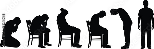 Black silhouettes of sad, depressed, tired people sitting and standing, isolated on white background, vector illustration, emotional concept