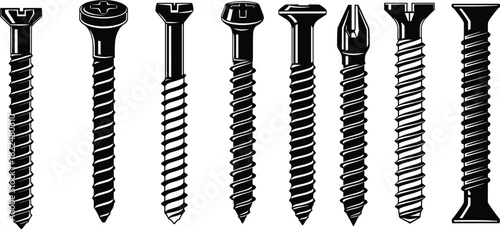 Black vector silhouettes of various screws, bolts, and fasteners with different head types and threads, ideal for construction, carpentry, engineering, hardware, repair, and tool design concepts.
