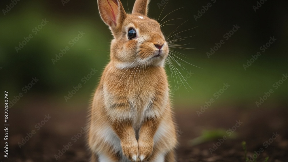 Fototapeta premium Adorable wild rabbit standing alert in natural outdoor setting.