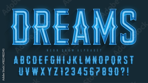 Retro circus alphabet design, cabaret, fairy neon lamps letters and numbers.