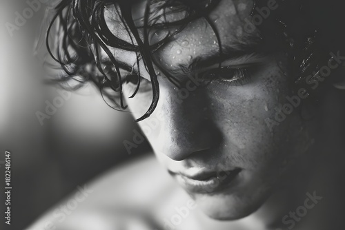 Dramatic portrait of a young man with wet hair and thoughtful expression