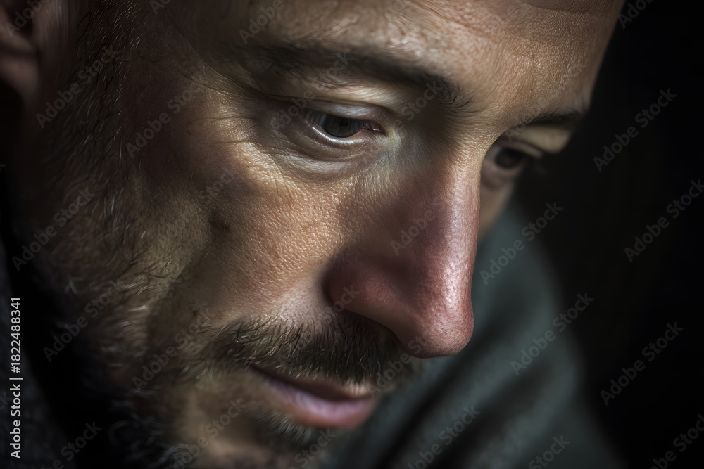 Obraz premium Close up of a thoughtful man with a beard looking down in the dark