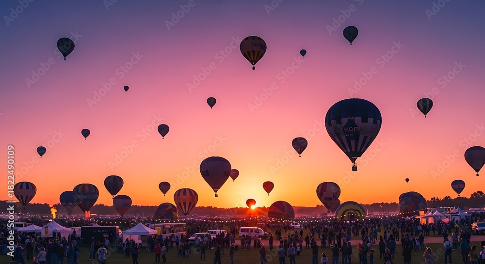 Naklejka premium Vibrant Hot Air Balloons Ascend Against a Stunning Sunset Sky.