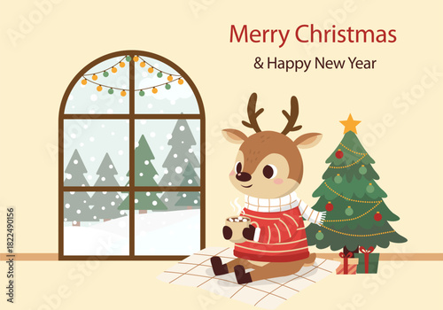 A charming graphic illustration featuring a cute reindeer sitting indoors on a blanket, drinking hot chocolate by a decorated window, next to a festive Christmas tree.