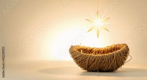 Modern Christian nativity scene with an empty manger and glowing star. Symbolic representation of the birth of Jesus. Christmas holiday background with copy space