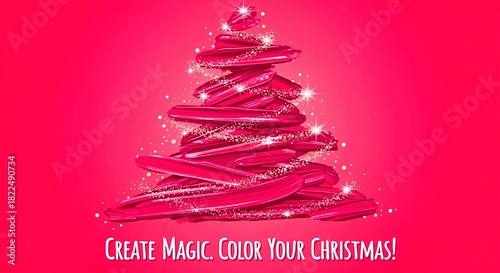 Modern Christmas tree made of pink paint brushstrokes with glitter. Abstract holiday background for beauty and cosmetics. Festive vector illustration