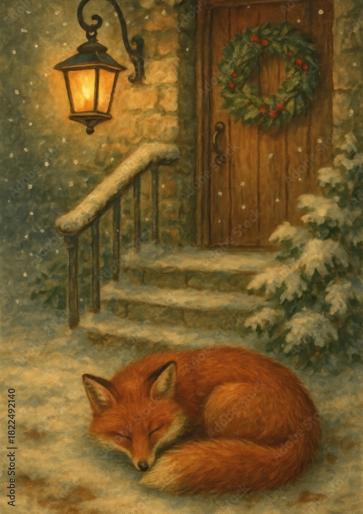 Naklejka premium Cozy fox winter scene